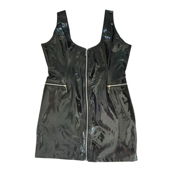 Vintage 90s Vinyl PVC Wet Look Goth Zip Front Black Mini Dress Size 16 NWT - Picture 11 of 15